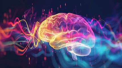 Fototapeta premium Brain waves visualized in vibrant colors, cognition, neural activity study