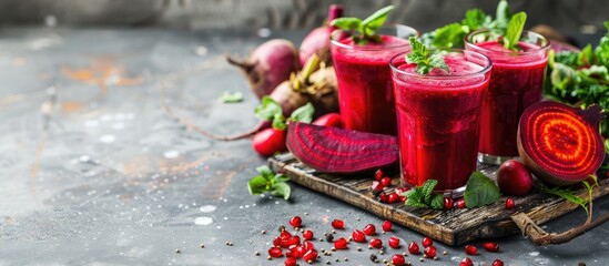 Beet juice and veggies displayed on a rustic grey table with ample copy space image.
