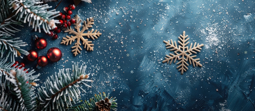 Poster Festive Christmas greeting card with snowflake New Year symbol on a Noel background with copy space image.
