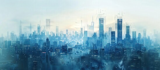 A stunning futuristic cityscape featuring towering skyscrapers and a hazy skyline at dawn, showcasing modern urban architecture.