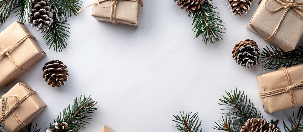 Poster Christmas-themed setting with pine adornments, presents placed on a white surface, and an empty space for images or text. image with copy space