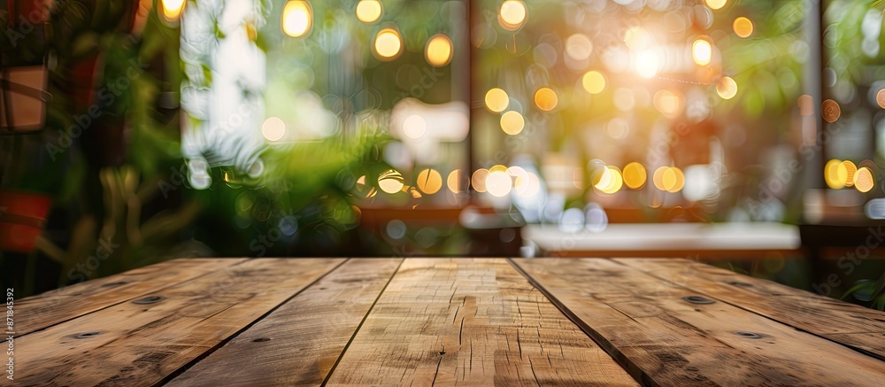 Aufkleber Blurry background of a cafe or restaurant behind an empty brown wooden table with a sharp focus; perfect for your product display or photo editing with copy space image.