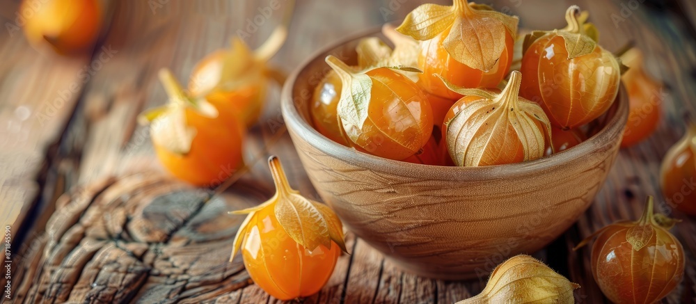 Poster Close-up of physalis fruits with their calyxes in a bowl on a wooden table, creating a copy space image.