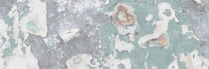 Peeling paint on the wall. Old concrete wall with cracked flaking paint. Weathered rough painted surface with patterns of cracks and peeling. Grunge texture for background and design. High resolution.