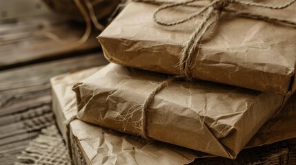 Parcel bundled in brown kraft paper and twine