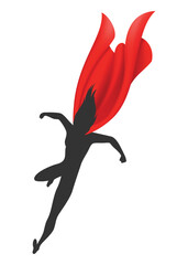 Woman superhero silhouette with scarlet fabric silk cloak. Mantle costume or cover cartoon vector illustration