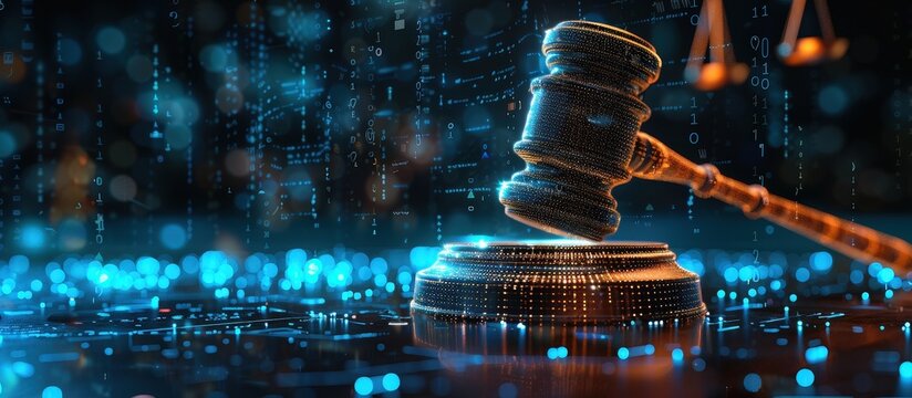 A gavel and scales of justice set against a futuristic, digital background symbolizing the intersection of law and technology.