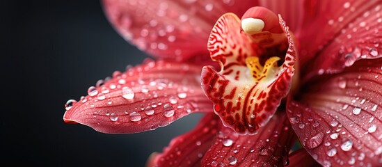 Close-up shot of an orchid flower with water droplets on petals, with a spacious area for adding text or graphics - ideal for inserts like logos or text; copy space image.
