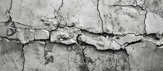 Obraz premium Detailed close-up of a cracked concrete wall texture, showcasing a unadorned cement background resembling vintage style with texture cracks suitable for retro wallpaper or graphic design with an
