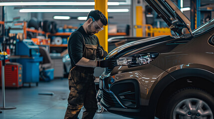 Fototapeta premium auto mechanic fixes a car standing at the hood, maintenance man fixing a car brakes, a mechanic at work, wearing a navy blue work suit and a cap. He is focused on repairing a machine