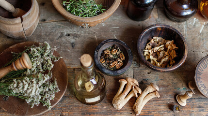 Fototapeta premium Herbalist Workspace with Dried Herbs, Mushrooms, and Tinctures