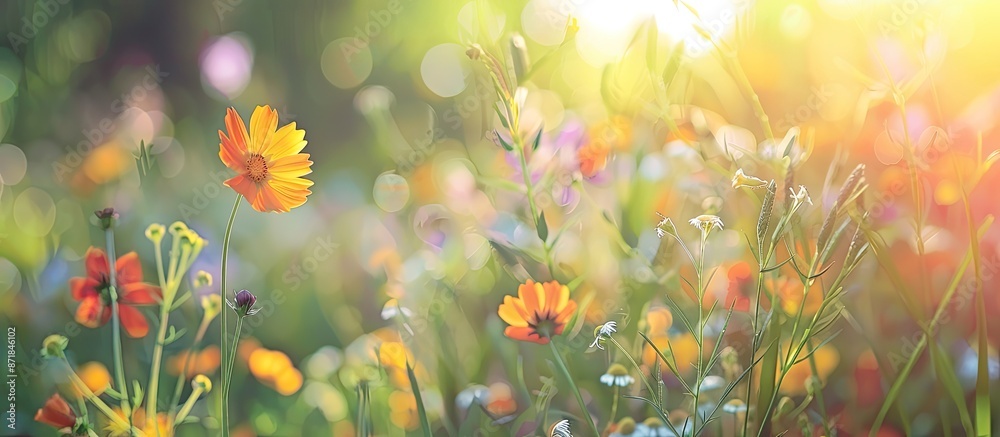 Poster capture the close-up of wildflowers in a sunny summer meadow for a nature-themed design project, wit