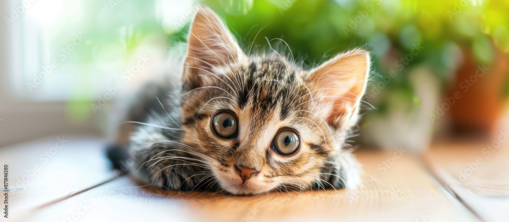 Poster Close-up photo of a kitten on a table with a large banner featuring copy space image.