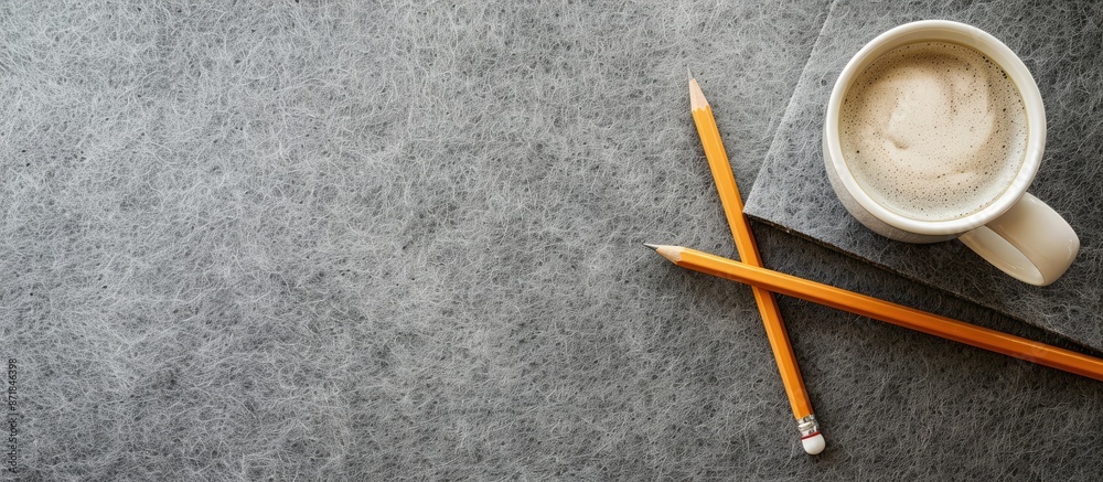 Aufkleber bird's-eye view of a white coffee mug and pencil on a gray felt desk pad with a clear space for imag