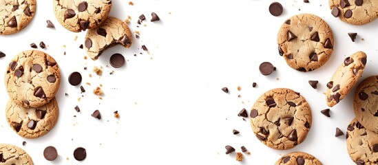 Circular frame crafted from shattered chocolate chip cookies on a white backdrop with a clipping path, featuring a variety of flying chocolate and vanilla cookies for a copy space image.