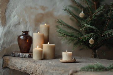 Christmas tree vibe, with natural light, in the style rustic stone surface