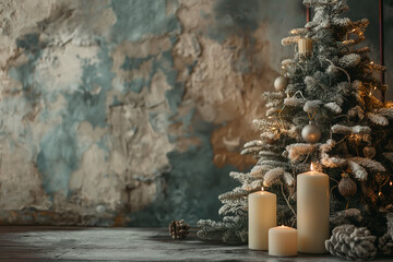 Fototapeta premium Christmas tree vibe, with natural light, in the style rustic stone surface