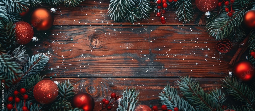 Poster festive greeting concept for christmas and new year against a wooden backdrop with a copyspace image