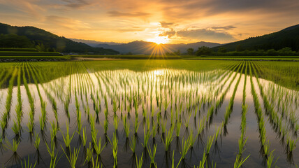 夏の夕暮れの田んぼ