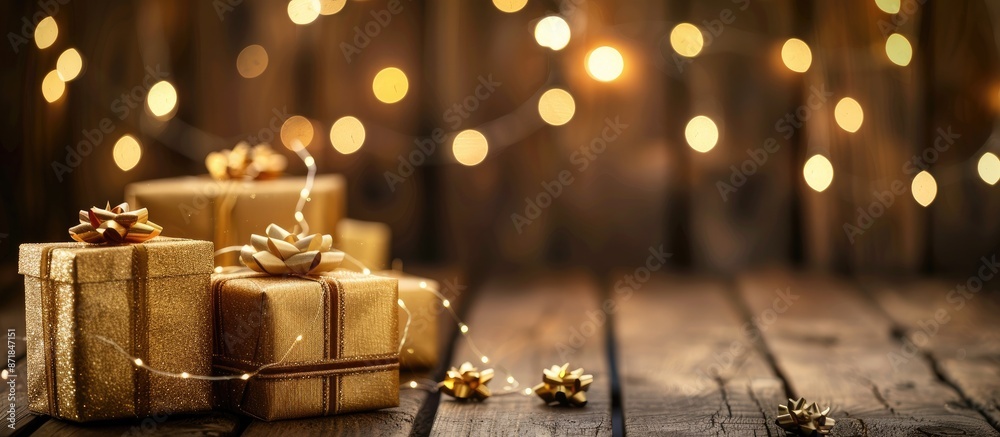 Poster bronze and golden gift boxes on a wooden background with string lights glowing, perfect for a copy s