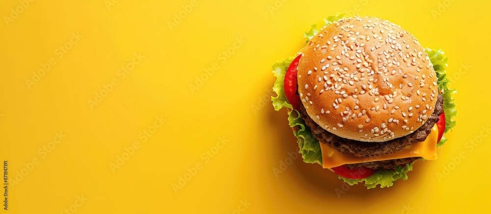 Poster Copy space image of a tasty burger with condiments on a vibrant yellow backdrop, representing fast food indulgence.