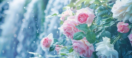 Obraz premium Beautiful pink and white roses against a waterfall backdrop in a copy space image.