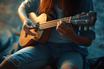 Obraz premium Woman playing ukulele guitar while sitting on a chair