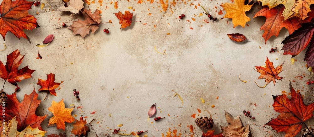 Poster autumn-themed inscription on a backdrop of colorful autumn leaves with space for other images. image