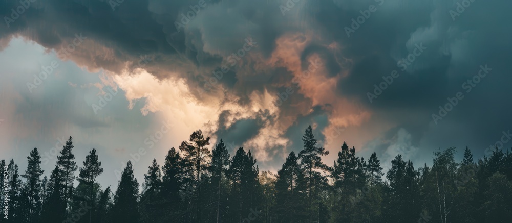 Aufkleber Clouds gathering in the sky above a forest during dusk with an impending rainfall, ideal for a copy space image.