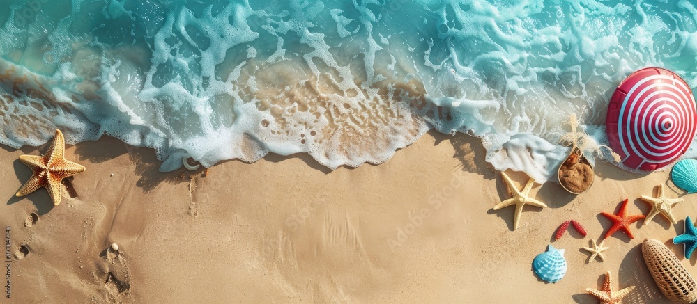 Poster Aerial view of a beach with summer items and available copy space image.