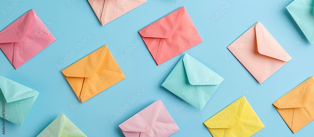 Poster Colorful envelopes arranged randomly on a light blue background in a top view copy space image.