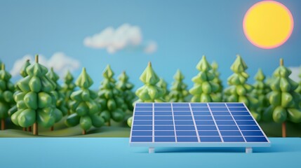 Solar panel in a sunny forest setting with blue sky and fluffy clouds, representing clean energy and renewable power sources.