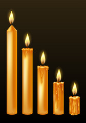 Burning candles with dripping or flowing wax. Yellow candles with golden flame. Lit and melted wax. Arranged from tall to low. Illustration of beautiful glowing candles on dark background