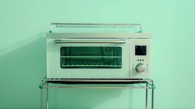 A functional double-layer microwave oven rack against a light green background. Designed to keep your kitchen organized and your microwave easily accessible.