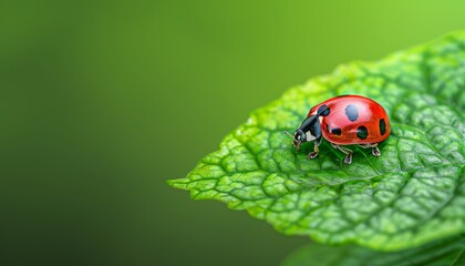 Obraz premium Detailed macro shot of a ladybug perched on a vibrant green leaf for nature enthusiasts