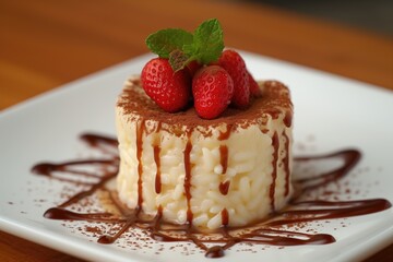Elegant dessert of rice pudding topped with fresh strawberries, mint, and cocoa powder drizzle. Fine dining, gourmet sweets, culinary presentation, food styling, recipe illustration.