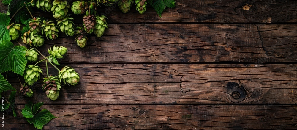 Poster An image with a green hop branch with cones is set against a rustic wooden plank backdrop, allowing for copy space in the composition.