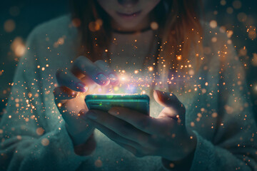 Young woman hands using smart phone,Social media concep, media icons