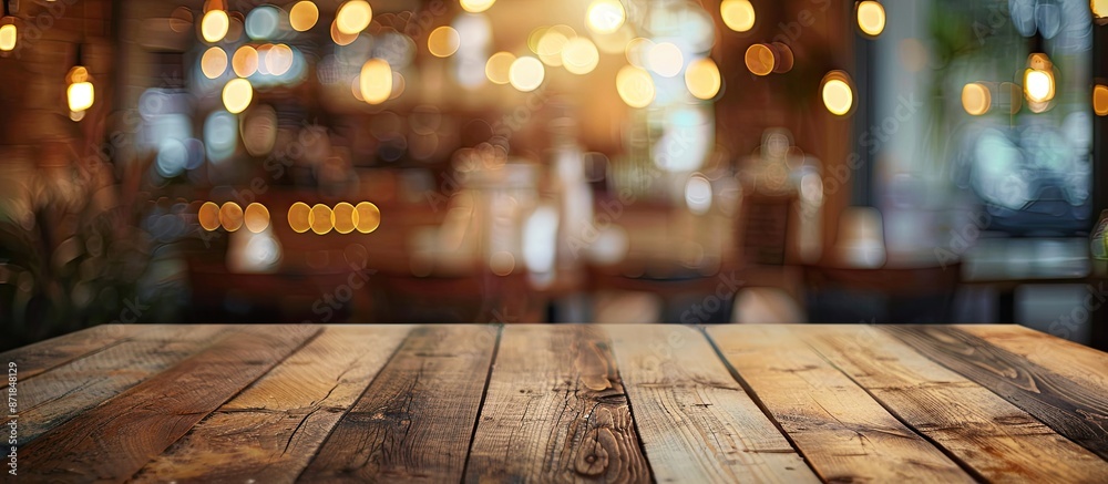 Fototapete an isolated focus on a vacant brown wooden table with a blurred coffee shop background featuring bok