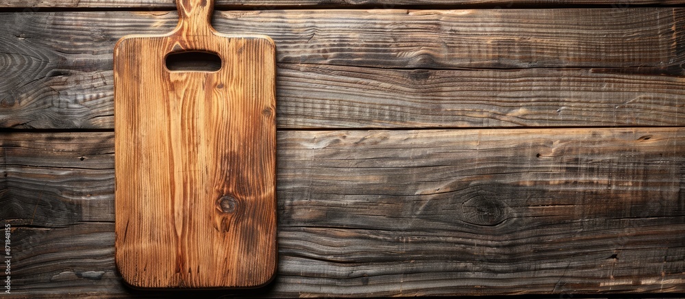 Poster cutting board made of wood on a table with copy space image.