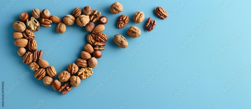 Poster blue copy space image featuring heart-shaped nuts for heart health.