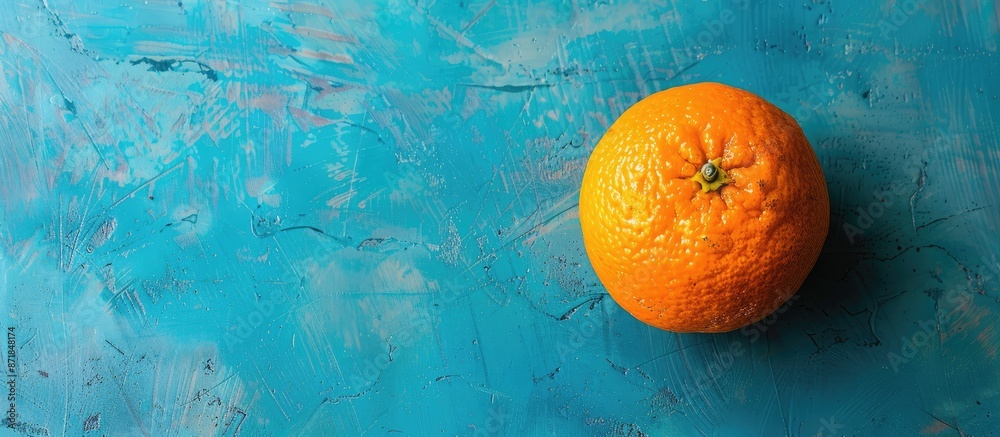 Poster copy space image of a vibrant orange on a textured blue backdrop, embodying a creative summer concep
