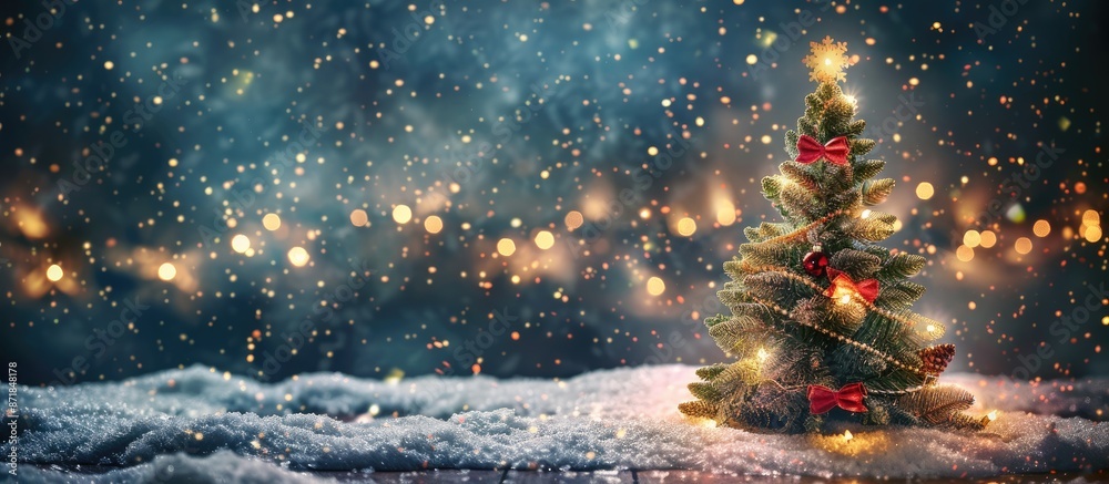 Poster Christmas greetings displayed on a snowy field against a dark background with a Christmas tree, conveying a New Year theme with an empty copy space image, ideal for a greeting card.