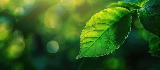 Close-up nature view of a green leaf with blurred background for wallpaper, featuring gentle bokeh from green trees and plants around the leaf with copy space image.