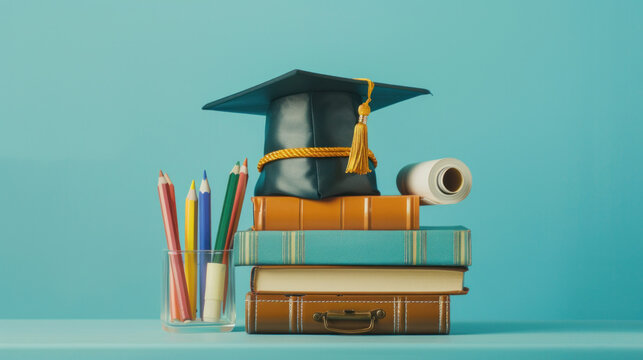 Congrats on graduation! Celebrate with a mortarboard and diploma on top of books and pencils in a case, all set on a blue background.