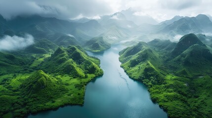 Calm rivers winding through verdant valleys