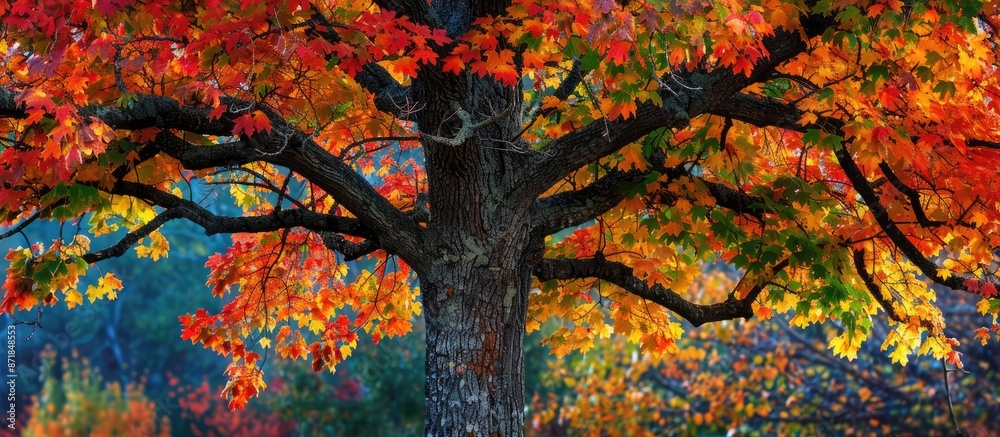 Poster autumnal tree with colorful leaves and a textured trunk, with copy space image.