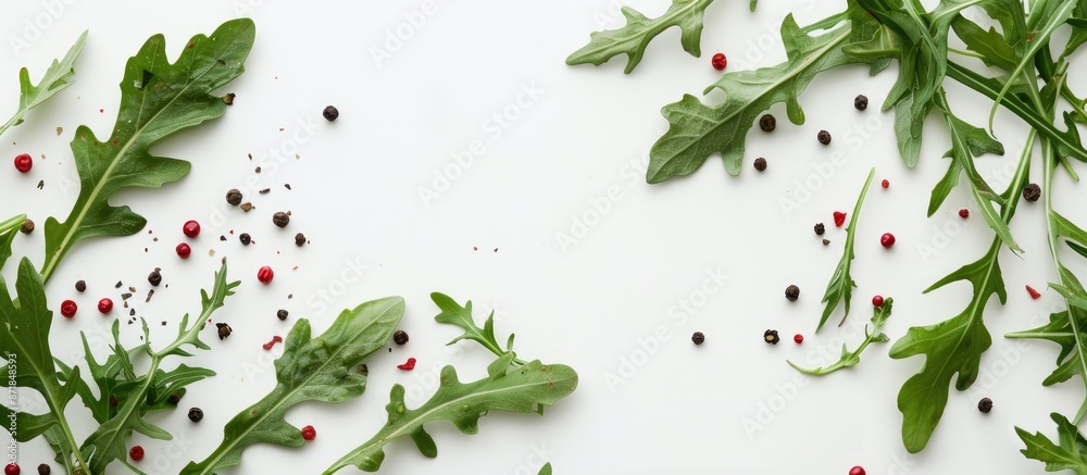 Aufkleber Arugula leaves in a green frame with red and black pepper on a white background, suitable for adding text or other elements in the copy space image.