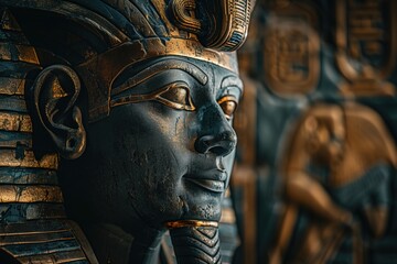 Ancient Egyptian pharaoh statue with intricate hieroglyphics in the background. Historical art,...