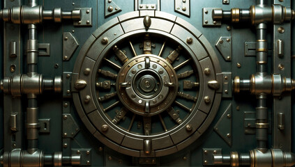 Metallic safe door, representing security and protection. A solid steel vault for banking and storage, highlighting the importance of safety and trust. A vintage design sophisticated background .